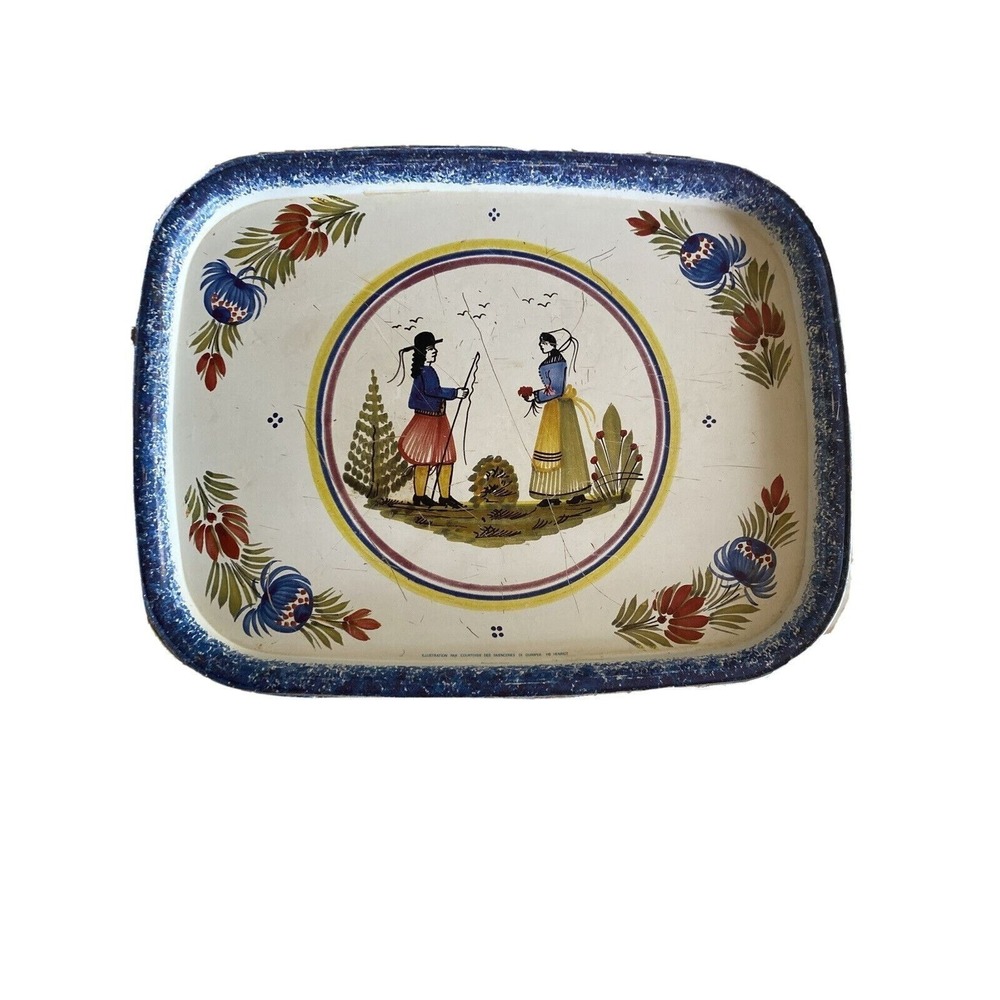 Vintage Enamel‎ Serving Tray Folk Art Scene Blue Floral Border